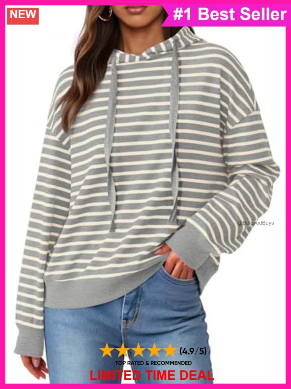 Womens Striped Hoodie Long Sleeve Pullover Oversized Sweatshirt Casual